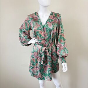 VICI Green Paisley Floral Mini Dress Long Balloon Sleeve Smocked Cuff Medium